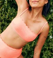 Aerie Waffle Scalloped Bandeau Bikini Top in Haute Coral