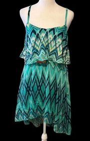 NWT Lily Rose blue & green  belted elastic waist flowy top high low hem