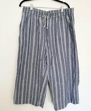 Beach Lunch Lounge large Linen Blend Blue Stripe Crop Pull On Wide Leg Pants