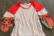 Umgee  Striped and Floral Color-block Puff Sleeve Top