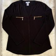 Carmen Marc Valvo Black Long Sleeve Blouse With Gold Zipper Design