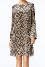 ECI Velvet Damask Lined Shift Dress with Bell Sleeves Women's Size Large