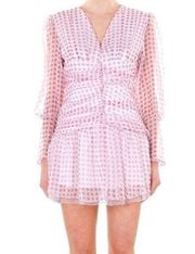 Beulah Style Long Sleeve V-Neck Ruched Gingham Mini Dress Pink Size Medium NWT