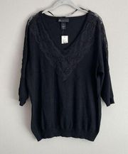 Lane Bryant Black Lace Trim V Neck Sweater 3/4 Sleeves Women's Size 18/20 NWT