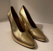 Sezane Les Souliers Metallic Gold Heel Crinkle Leather Pump Italy 40 (9.5) NWOT