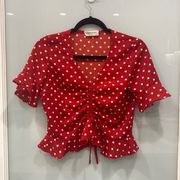 Goodnight Macaroon Women's Short Sleeve Red White Polka Dot Blouse Tie Ruffle S