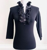 ETCETERA Black Stretchy Ruffle Collar Goth Steampunk Shirt ~ Size Small