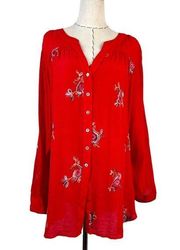 Zac & Rachel Red Floral  Top Embroidered Long Sleeve Roll Tab V-neck High Low