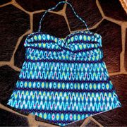 Blue Abstract Printed Halter Swim Bikini Tunic Top Large