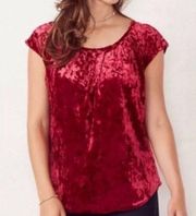 LAUREN CONRAD Pleated Crushed Velvet Top Red Short Cap Sleeve Velour Blouse S