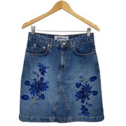 Vintage Y2k 90s Express Bleus Embroidered Floral Denim Blue Mini Skirt Womens S