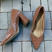 Marlee faux leather snake embossed block heels tan