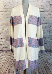 Lane Bryant Cozy Sweater Cardigan Duster Maxi Length Belted Striped Cream 14