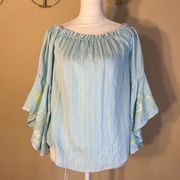 Miami Light Blue Striped Peasant Blouse with Embroidered Floral Bell Sleeves XS