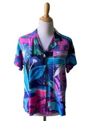 Women’s Pink Blue Abstract Bayberry Floral Button Up Shirt Small