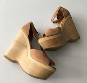 NEW Joie Brown Leather‎ Oakley Wood  Heel Peep Toe Wedge Sandals Ankle St…