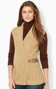 Lauren Ralph Lauren Sweater Vest Cable Knit Mid Length Buckle Closure Tan M