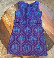 Blue Floral Jacquard Sleeveless A-Line Sheath Dress Size 0