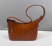 Fossil Shoulder Bag Brown Smooth Leather Handbag Zip Top Cognac Boho Stitched