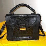 black croc embossed briefcase pocket front latch front top handle strap