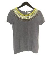 Milly Beaded Embellished Short Sleeve Grey Knit Top P