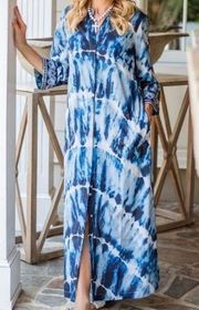 Soft Surroundings Sea Sprite Tie Dye Kaftan Maxi Full Button Down Dress Size PM