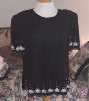 Laurence Kazar VNTG Beaded Short Sleeve Blouse