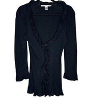 Diane Von Furstenberg DVF Black Long Sleeve Button Front Ruffle Cardigan Sz L