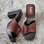 lei Wooden Chunky Block Dujour Heels 90s Vintage Y2K Brown Leather Size 9