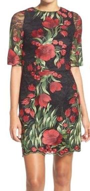 Aidan  Dress Embroidered Lace Sheath Black Red Floral Design Size 0