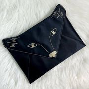 New! BCBGMAXAZRIA Foxy Fox Face Envelope Clutch Evening Bag Black Satin