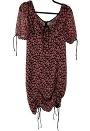 Dress Forum Black Pink Floral Puff Sleeve Draw String Cinch Dress