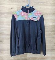 Womens Medium Navy Floral Yoke Pockets Quarter Zip Pullover