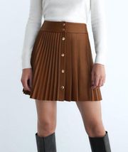 ZARA Brown Faux Leather Pleated Mini Skirt Size M With Gold Bottom