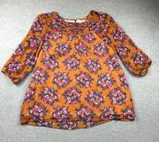 ModCloth Blouse Womens Size XL Orange Floral Satin Puff Sleeve Boho Preppy Lined