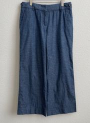 Blue Lightweight Chambray Casual Straight Wide Leg Cropped Pants