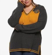 Harry Potter Hot Topic Grey & Yellow Hooded Hufflepuff Pullover Tunic Sweater.