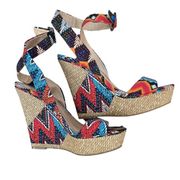 NWT‎ BCBGeneration Raquel Orange Tribal Print Wedge Heels Size 7.5