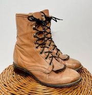 Laredo Vintage Leather Lace Up Roper Granny Paddock Fringe Tan Cowgirl Boots 6.5