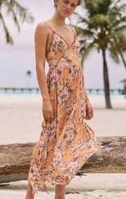 Auguste Bijoux Frill Midi Dress Floral Crinkle Slip Apricot Orange Womens Size 4