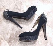 Baby Phat Porsha platform stilettos heels pumps gray python lace up accents