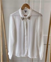 White Jewel Collar Long Sleeve Button Down Blouse
