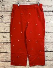 LL BEAN Ladies Red Cropped Cotton Pants with Embroidered Yellow Labs-14