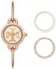 's rose-goldtone bangle watch features a cream dial with that label's signature double-T logo