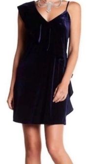 NEW 19 Cooper Navy Blue Velvet Velour Ruffle Asymmetrical Mini Dress Size XS