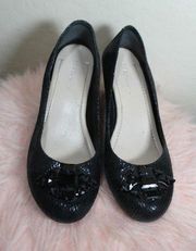 BCBGeneration Women's Black Leather Wedge Heel Shoe Jeweled SZ 6