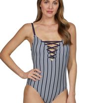 Dock Lines One Piece Swimsuit in White & Navy Stripes Size XL