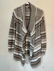 MODA International Tan Brown Striped Mohair Wool Blend Tie Sweater Cardigan