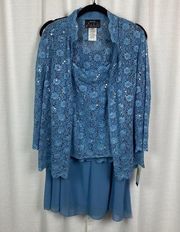 Alex Evenings Salt Water Blue Sequin Three Piece Jacket&Skirt Set Sz.LP NWT