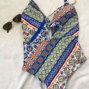 NWT  Patchwork Goddess one piece swimsuit with key hole front open